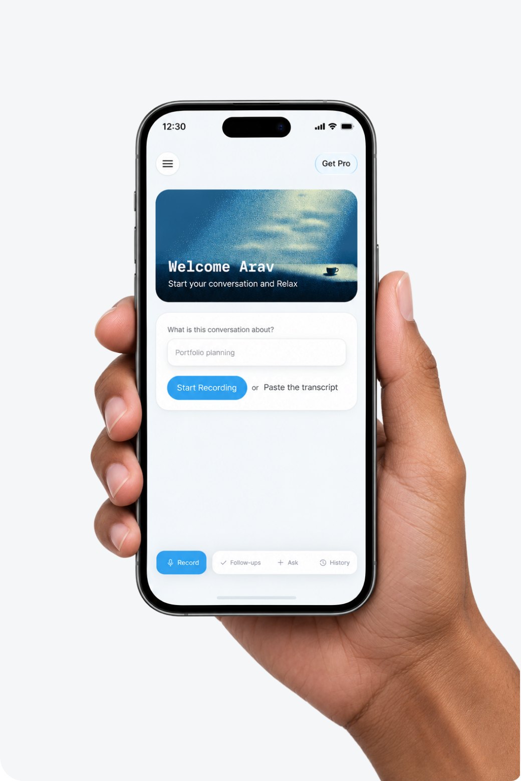 HeyTalk home screen on an iPhone held in a hand